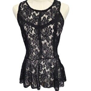 Black Lace Peplum Top Sheer Floral Sleeveless Blouse Gothic Romantic Chic Med